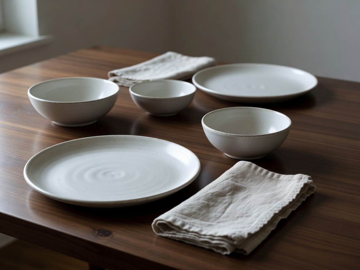 Ceramic dishware and simple linen serviettes set neatly on a quiet interior dining surface