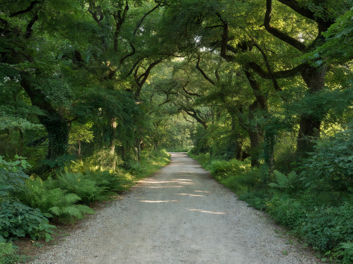 Quiet gravel walking track extending forward beneath a continuous canopy of mature shade trees