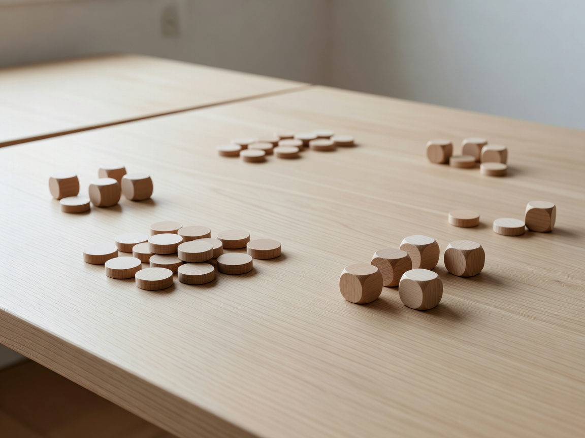 Minimalist wooden table with neutral wooden tokens and dice arranged for an unhurried board activity