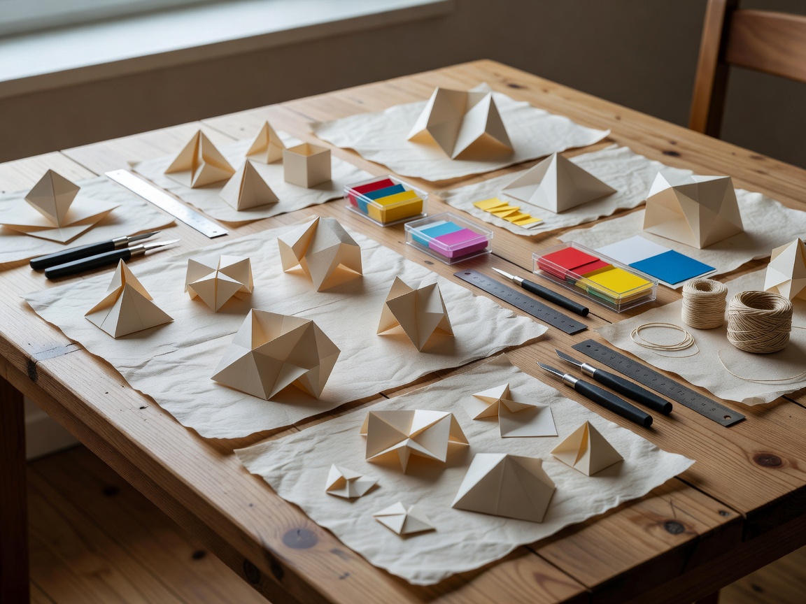 Folded paper geometries and geometric craft supplies arranged neatly across a natural wooden workspace